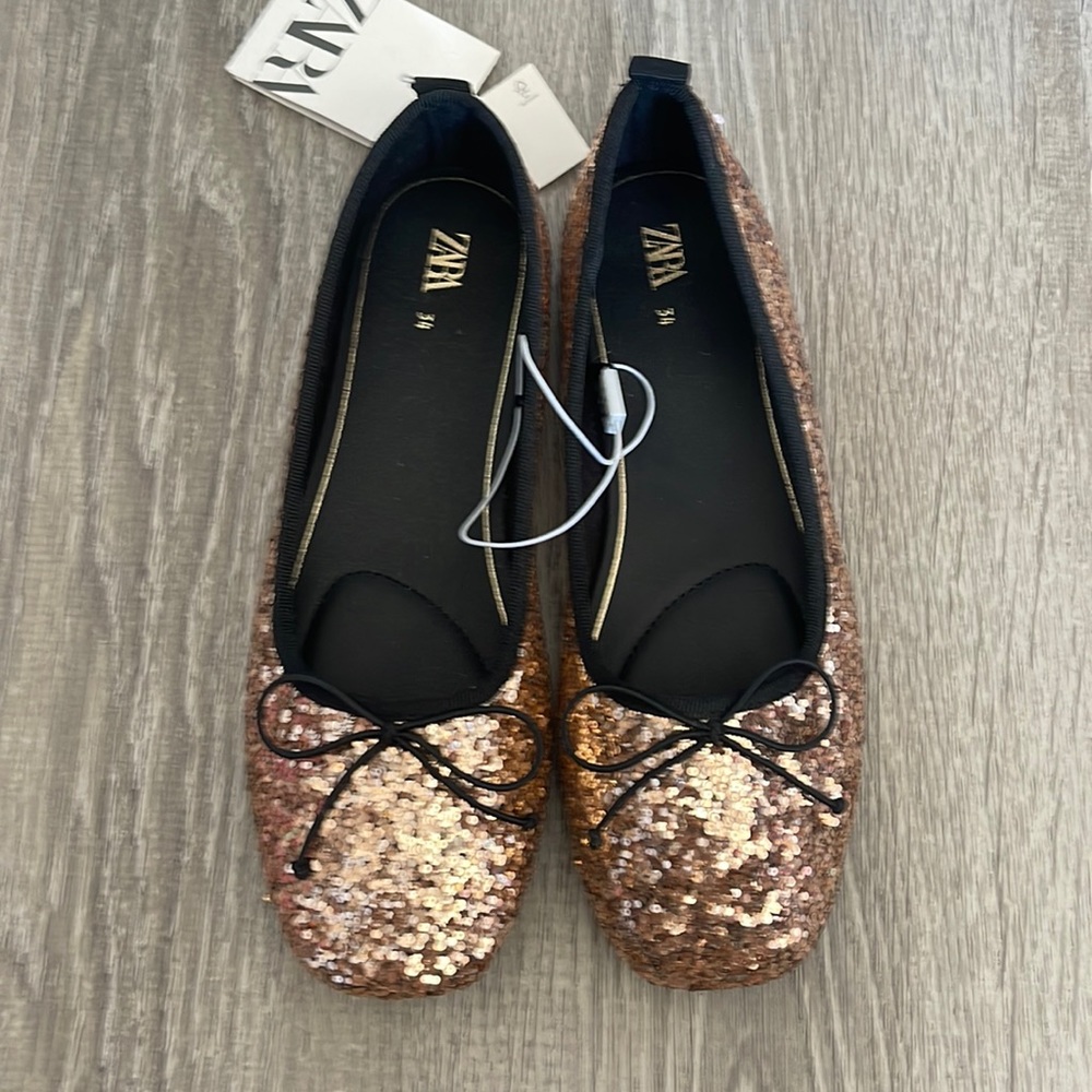 Zara sequin ballerina flats. Rose gold